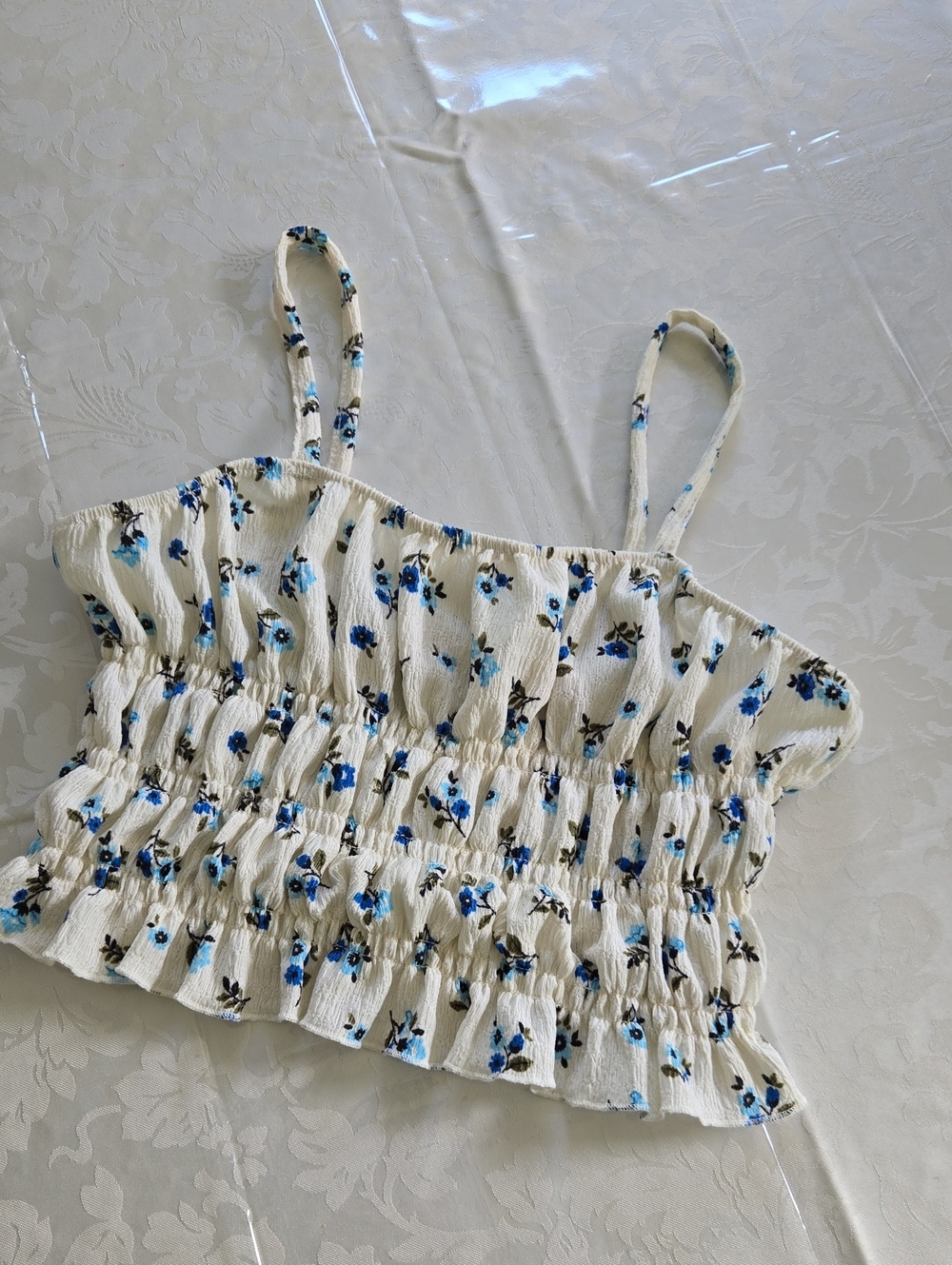 Cream Floral Smocked Cami Tank Top With Light Blue And Bright Blue Flowers